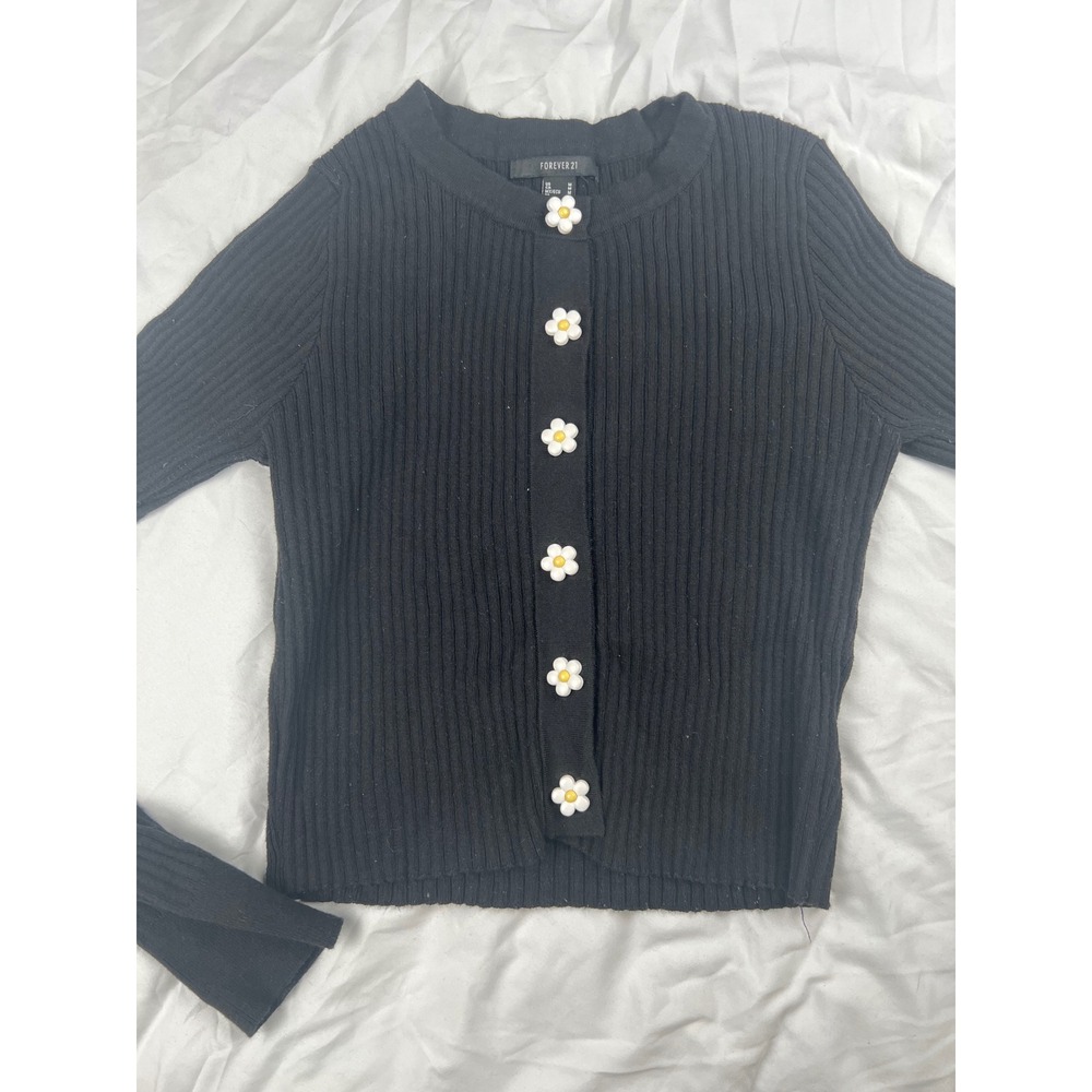 Forever 21 Black Daisy Button Cardigan Sweater Womens Medium Ribbed Knit